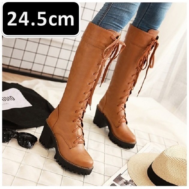 秋冬 フロック ニーハイブーツ ブラウン 24.5cm レースアップ ロングブーツ ハイヒール ブーツ 腿高 靴 美脚 新品 ☆197拍卖
