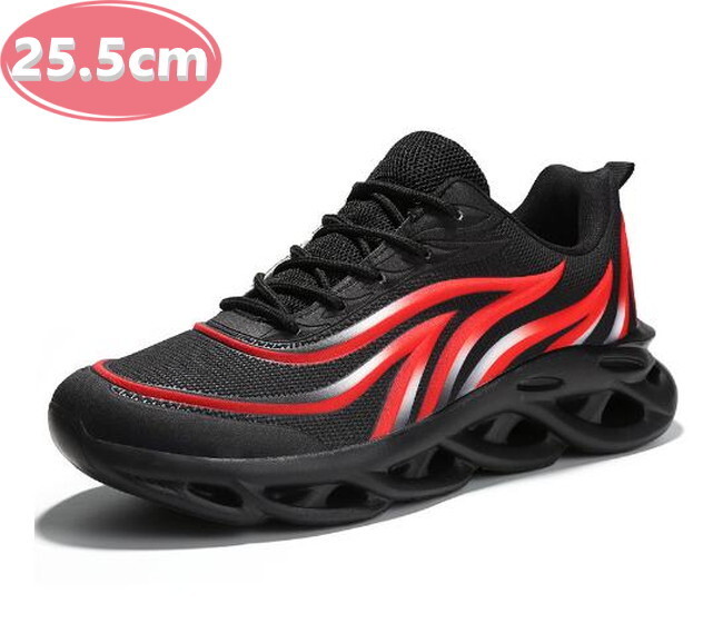 1スタ ☆ メンズ スニーカー 25.5cm ブラック×レッド 靴 シューズ 防滑 通勤 通学 旅行 【132】拍卖