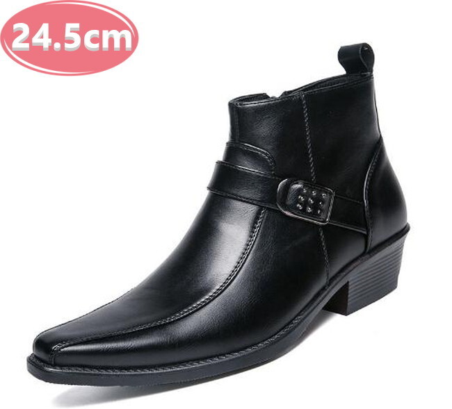 メンズ PUレザー ブーツ シューズ ブラック 24.5㎝ 革靴 靴 カジュアル 屈曲性 通勤 軽量 インポート品【n148】拍卖