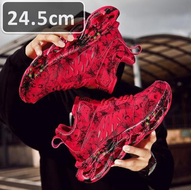 メンズ スニーカー レッド 24.5cm 靴 シューズ 防滑 通勤 通学 旅行 【239】拍卖