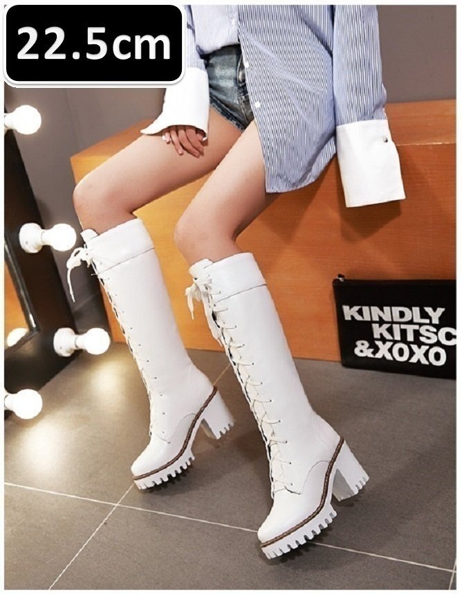 秋冬 フロック ニーハイブーツ ホワイト 22.5cm レースアップ ロングブーツ ハイヒール ブーツ 腿高 靴 美脚 新品 ☆197拍卖