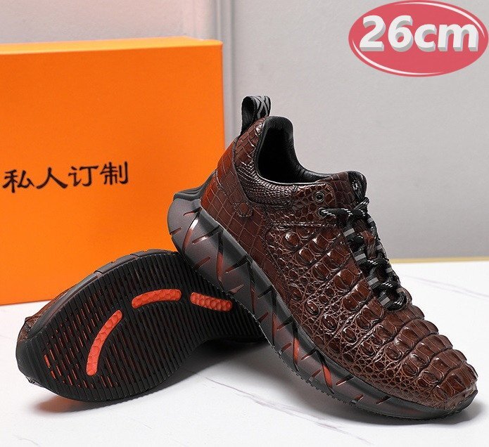クロコダイルレザー スニーカー 最高級 ワニ革 クロコダイル 靴 メンズシューズ 革靴 ブラウン 26.0cm 【n789】拍卖