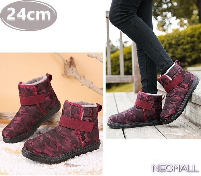 ユニセックス スノーシューズ 【870】 24.0cm 迷彩レッド ムートンブーツ スニーカー ウィンターブーツ 裏起毛 防水 防寒 防滑 冬用靴拍卖