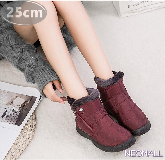 レディース スノーシューズ 【957】 レッド 25.0cm ムートンブーツ スニーカー ウィンターブーツ 裏起毛 防水 防寒 防滑 冬用靴 綿靴拍卖