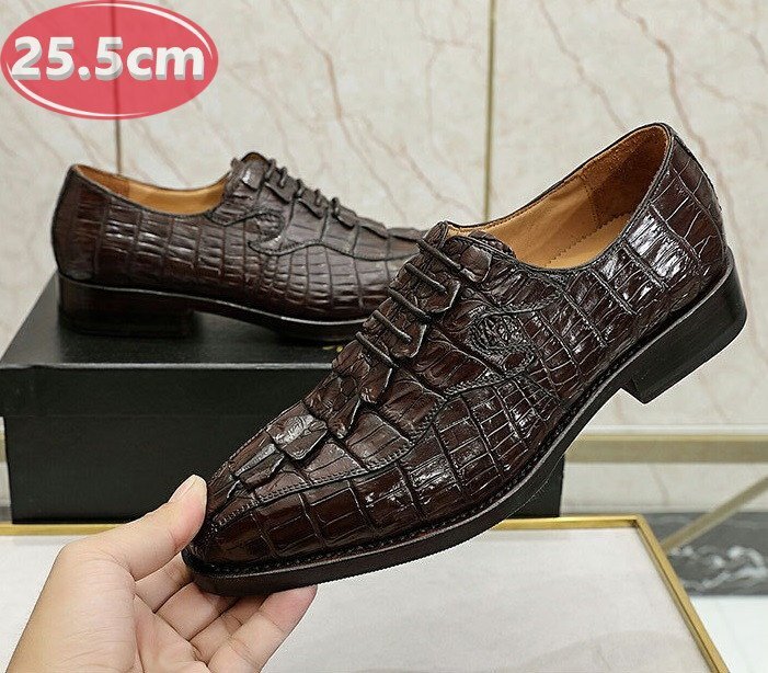 クロコダイルレザー ビジネスシューズ 最高級 ワニ革 クロコダイル 靴 メンズシューズ 革靴 ブラウン 25.5cm 【n781】拍卖
