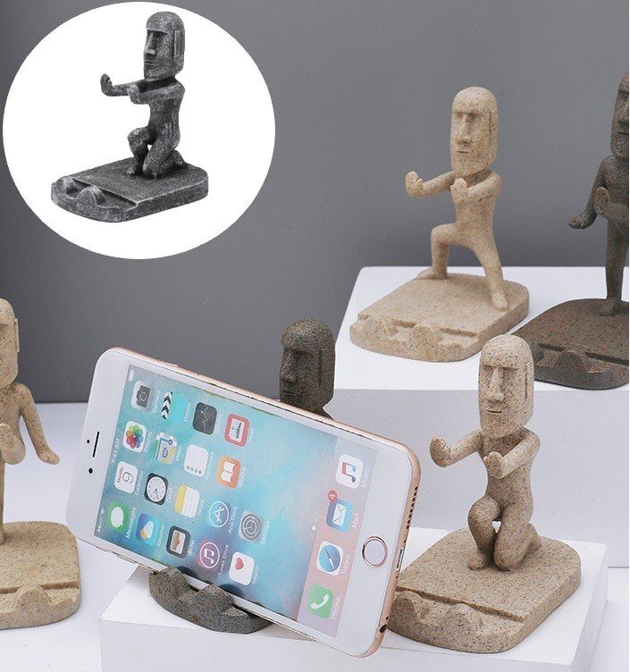 キュートな モアイ像 グレー タイプB 立膝で支える モアイ スマホスタンド オブジェ インテリア n929拍卖