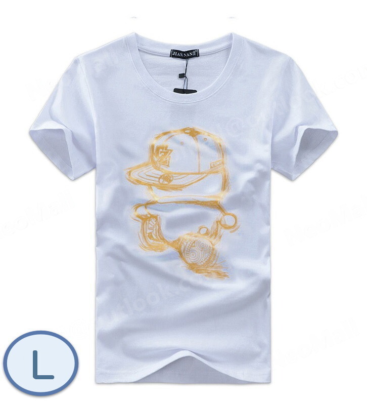 夏にピッタリ ☆ 丸首 半袖 Tシャツ【070】 ホワイト Lサイズ トップス シャツ シンプル イラスト プリント 春夏拍卖