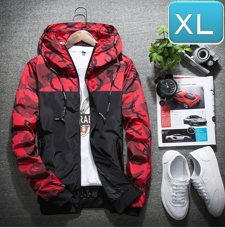 ☆ 【174】 迷彩 ウィンドブレーカー フード付き レッド XL メンズ ナイロン カモフラ 柄 アウトドア 防風 軽量 ジャケット拍卖