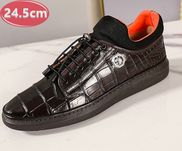クロコダイルレザー スニーカー 最高級 ワニ革 クロコダイル 靴 メンズシューズ 革靴 ダークブラウン 24.5cm 【n790】拍卖