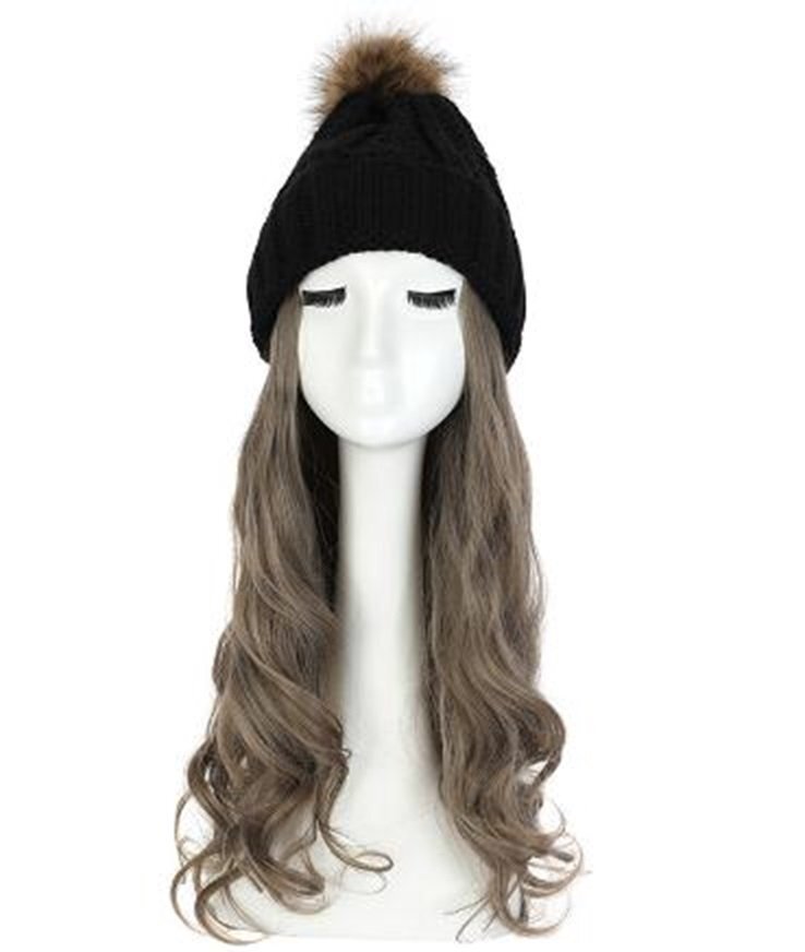 ウィッグ付きニット帽 ニット帽/ブラック ウィッグカラー/E ロングヘアー イメチェン 髪色チェンジ コスプレ拍卖