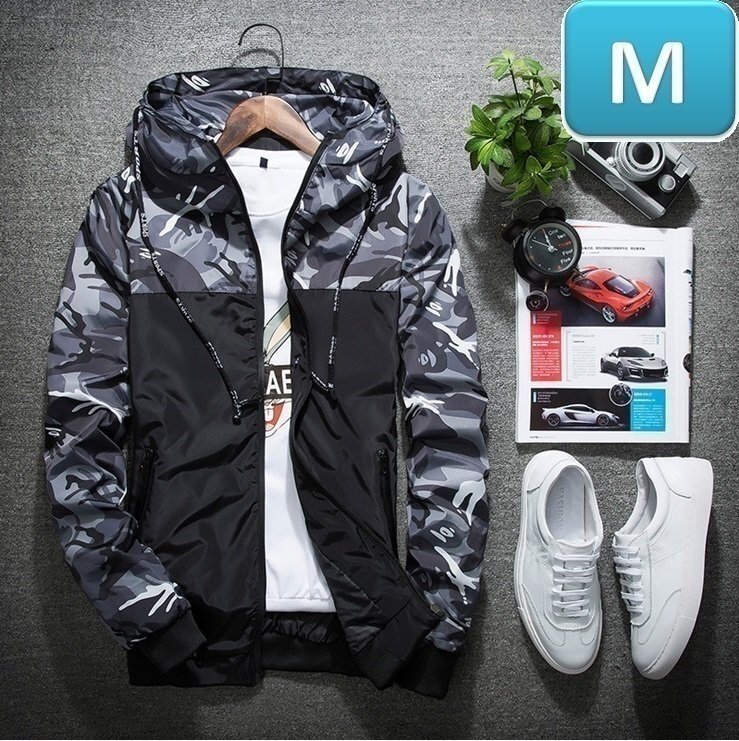 ☆ 【174】 迷彩 ウィンドブレーカー フード付き グレー M メンズ ナイロン カモフラ 柄 アウトドア 防風 軽量 ジャケット拍卖