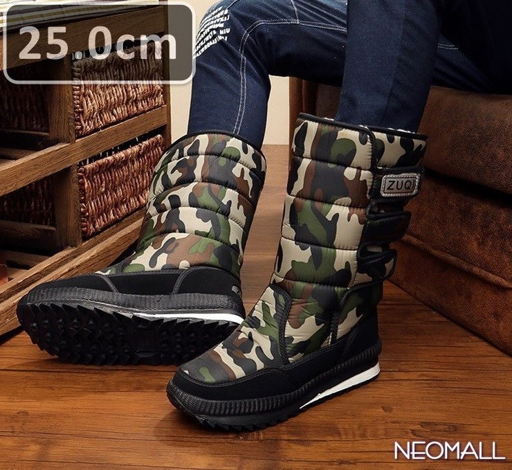 メンズ スノーシューズ 【866】 25.0cm グリーン迷彩 ムートンブーツ スニーカー ウィンターブーツ 裏起毛 防水 防寒 防滑 冬用靴 綿靴拍卖