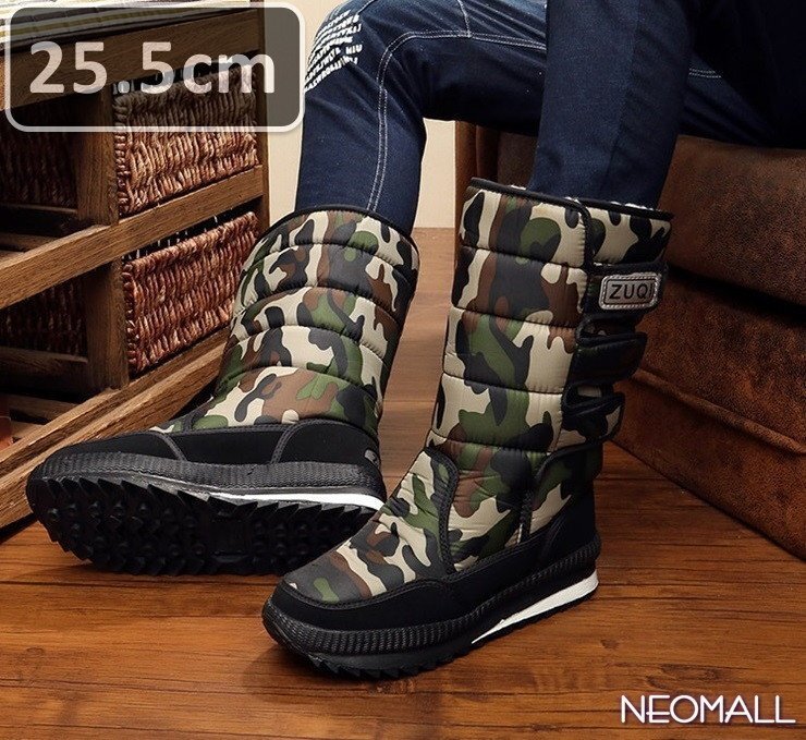 メンズ スノーシューズ 【866】 25.5cm グリーン迷彩 ムートンブーツ スニーカー ウィンターブーツ 裏起毛 防水 防寒 防滑 冬用靴 綿靴拍卖