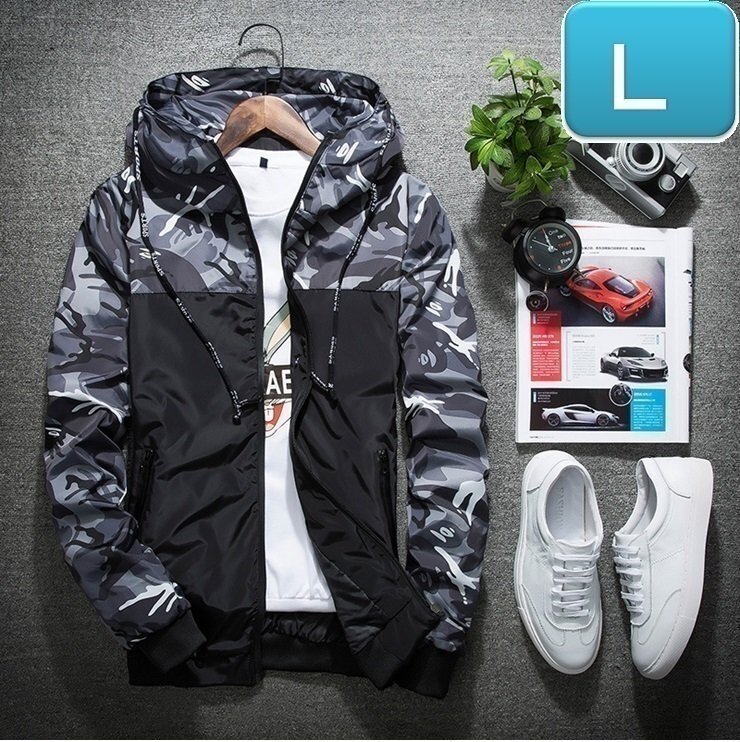 ☆ 【174】 迷彩 ウィンドブレーカー フード付き グレー L メンズ ナイロン カモフラ 柄 アウトドア 防風 軽量 ジャケット拍卖