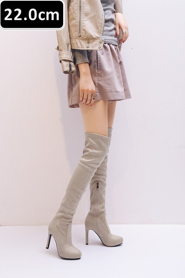 秋冬 フロック ニーハイブーツ ベージュ 22.0cm レースアップ ロングブーツ ハイヒール ブーツ 腿高 靴 美脚 新品 ☆198拍卖