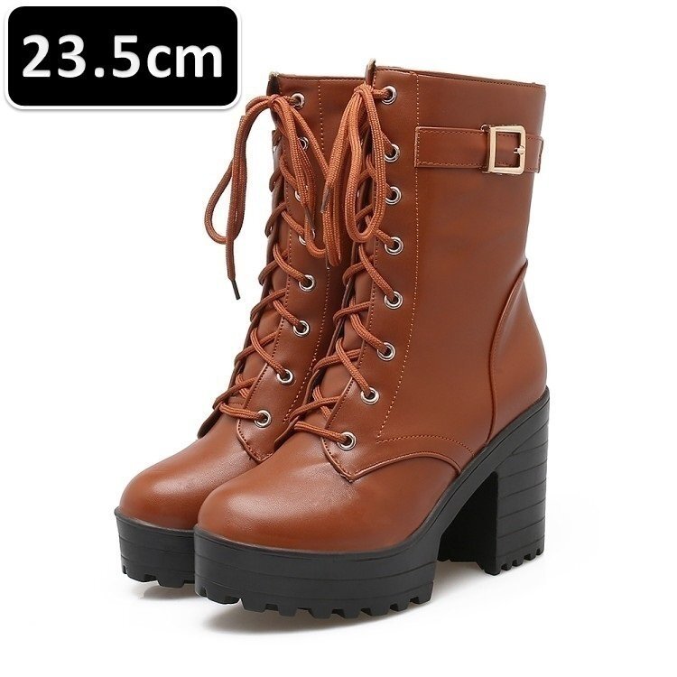 厚底 ショートブーツ ブラウン 23.5cm 編み上げ 太ヒール 厚底ソール レースアップ ローヒール カジュアルシューズ コスプレ シンプル拍卖