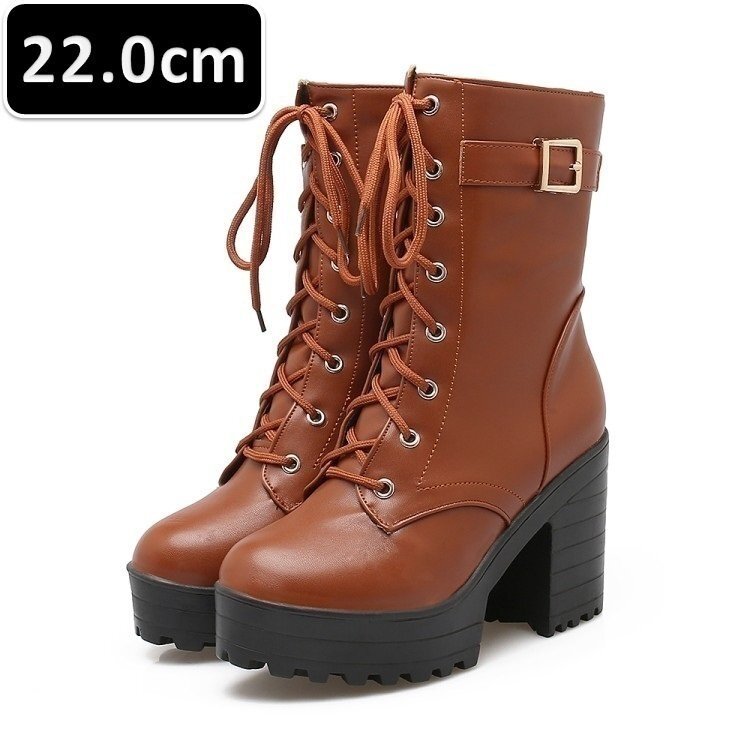 厚底 ショートブーツ ブラウン 22.0cm 編み上げ 太ヒール 厚底ソール レースアップ ローヒール カジュアルシューズ コスプレ シンプル拍卖