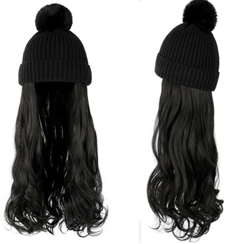 ウィッグ付きニット帽 ニット帽/ブラック ウィッグカラー/A ロングヘアー カール イメチェン 髪色チェンジ コスプレ n467拍卖