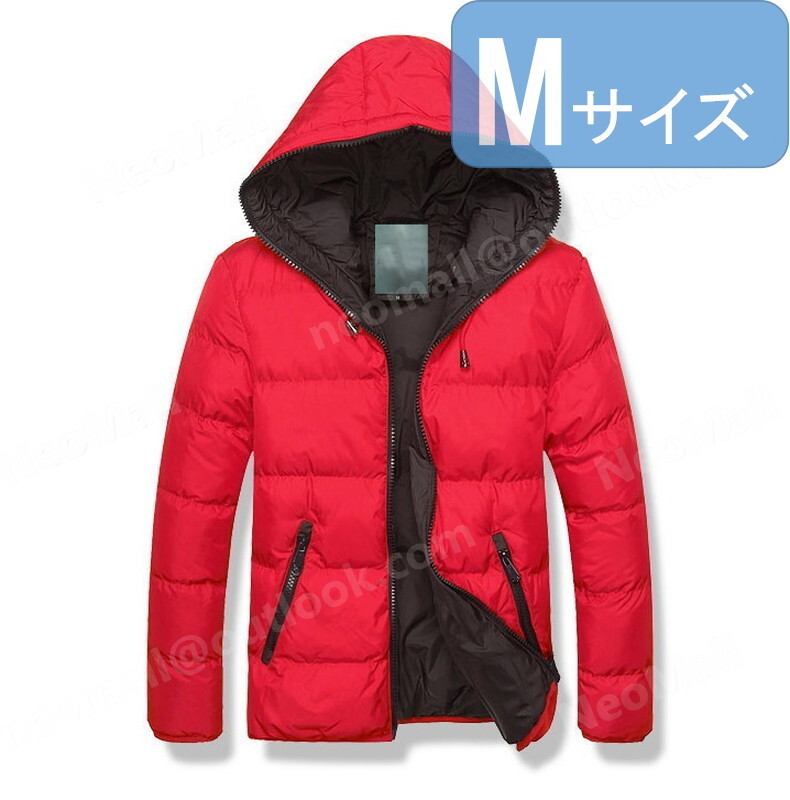 フード付き メンズ ダウン 004 レッド×ブラック Mサイズ 中綿ダウン 中綿ベスト キルティング アウター 防寒 秋冬 暖かい拍卖