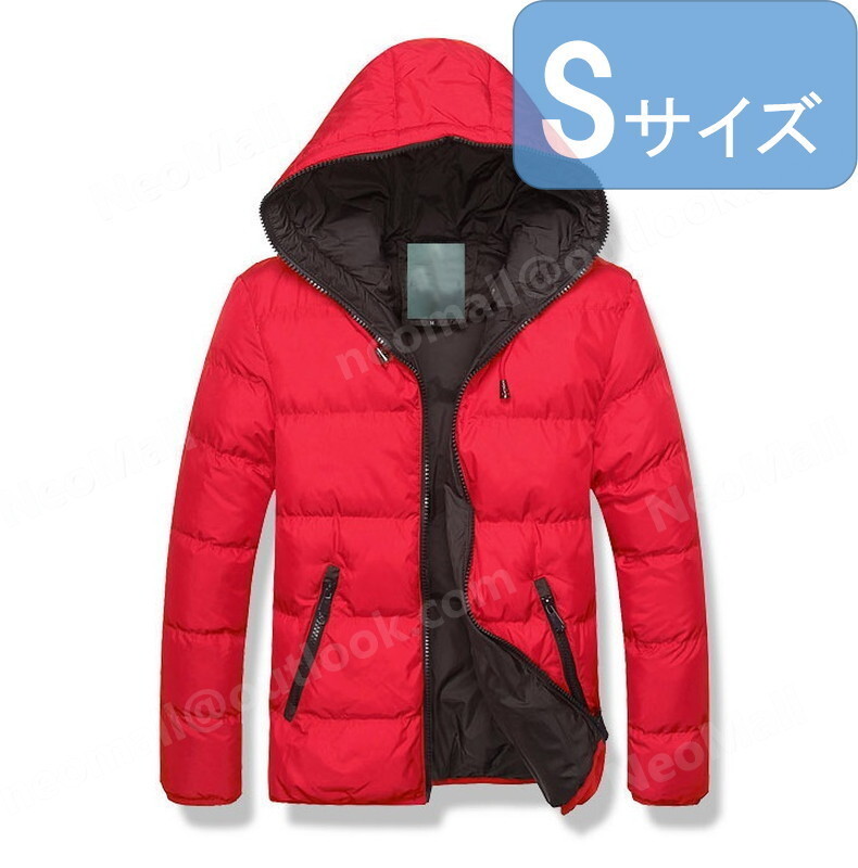 フード付き メンズ ダウン 004 レッド×ブラック Sサイズ 中綿ダウン 中綿ベスト キルティング アウター 防寒 秋冬 暖かい拍卖