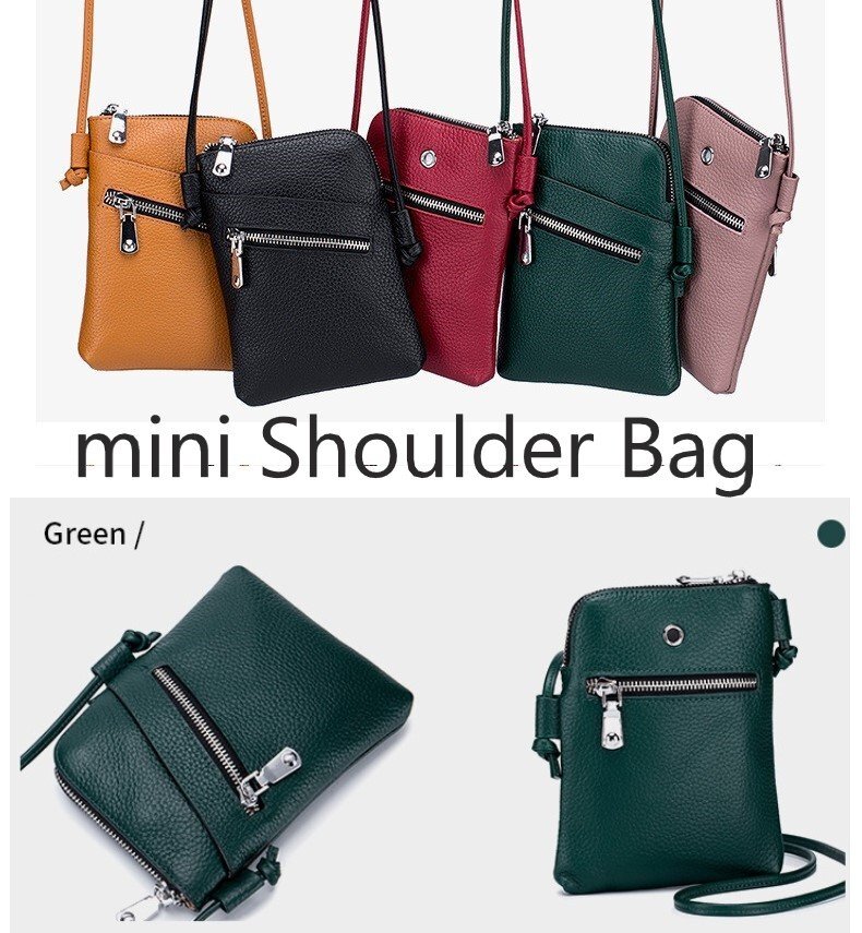 ミニショルダーバッグ 牛皮 グリーン レザー シンプル 小物 スマホ カード 鍵 たばこ などn528拍卖