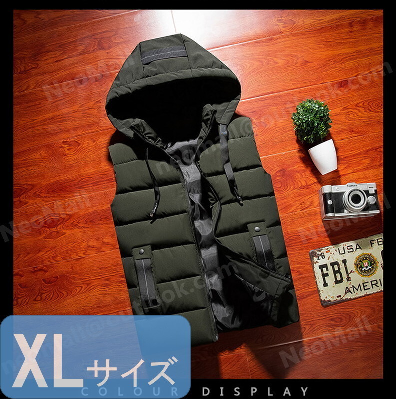 フードが外せる メンズ ダウンベスト 001 グリーン XLサイズ 中綿ダウン 中綿ベスト キルティング アウター 防寒 秋冬 暖かい拍卖