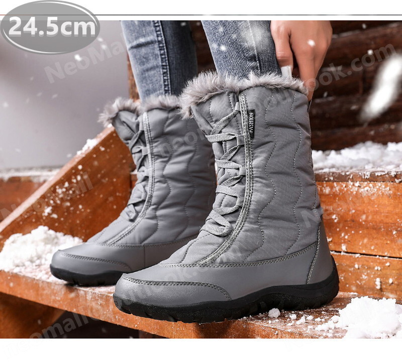 レディース スノーシューズ 【970】 グレー 24.5cm ムートンブーツ スニーカー ウィンターブーツ 裏起毛 防水 防寒 防滑 冬用靴 綿靴拍卖