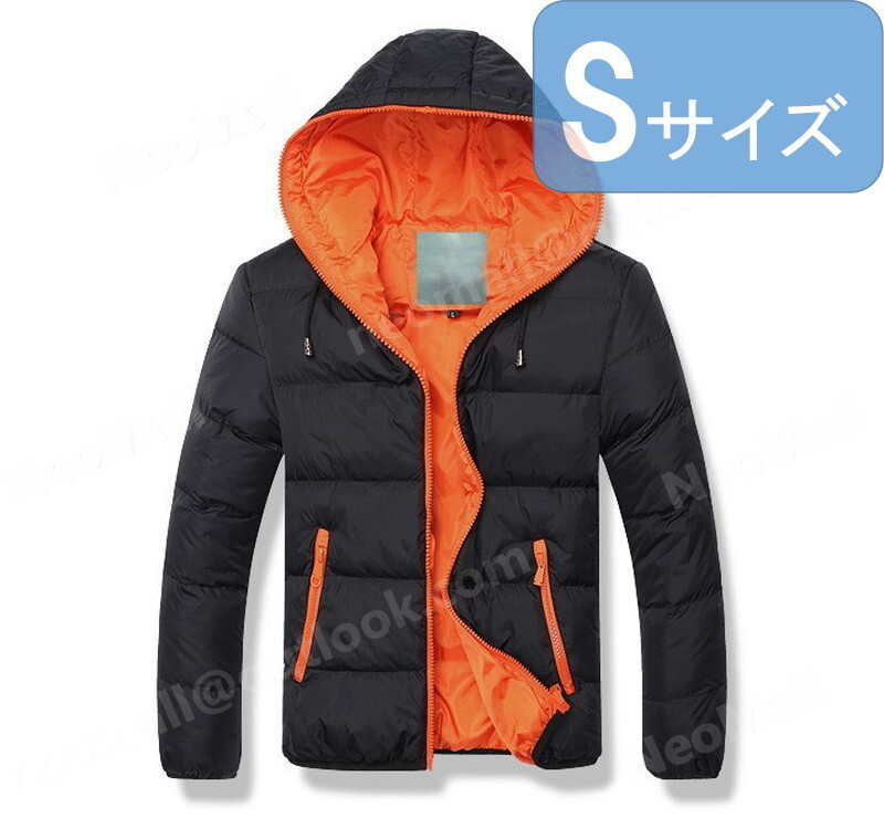 フード付き メンズ ダウン 004 ブラック×オレンジ Sサイズ 中綿ダウン 中綿ベスト キルティング アウター 防寒 秋冬 暖かい拍卖