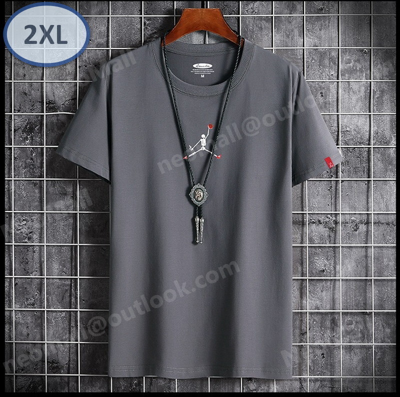 夏にピッタリ ☆ 丸首 半袖 Tシャツ【094】 グレー 2XLサイズ トップス シャツ シンプル イラスト プリント 春夏拍卖