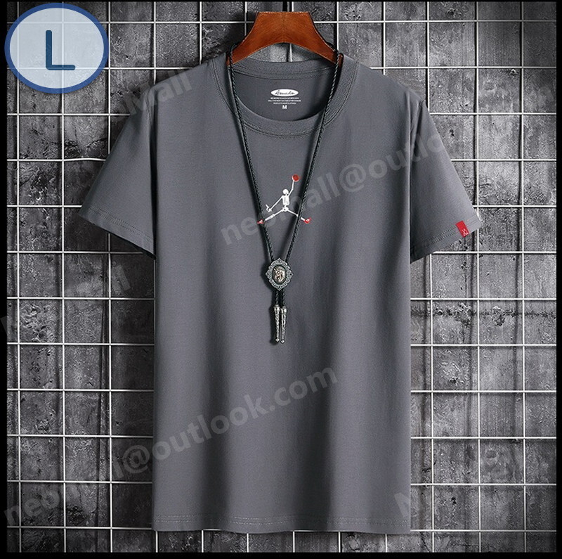 夏にピッタリ ☆ 丸首 半袖 Tシャツ【094】 グレー Lサイズ トップス シャツ シンプル イラスト プリント 春夏拍卖