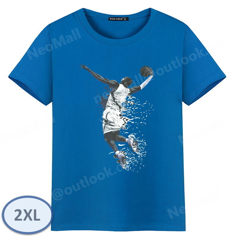 夏にピッタリ ☆ 丸首 半袖 Tシャツ【069】 ブルー 2XLサイズ トップス シャツ シンプル イラスト プリント 春夏拍卖