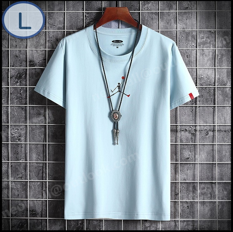 夏にピッタリ ☆ 丸首 半袖 Tシャツ【094】 ブルー Lサイズ トップス シャツ シンプル イラスト プリント 春夏拍卖