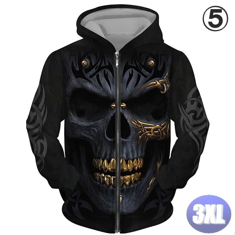 フード付き ドクロパーカー ジップアップ カラー5 3XL トレーナー アウター 防寒 n717拍卖