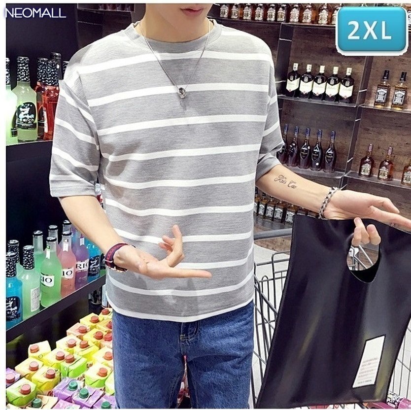 春夏にピッタリ ☆ 丸首 半袖 ボーダー Tシャツ【306】グレー 2XLサイズ トップス お洒落 シンプル 春夏拍卖