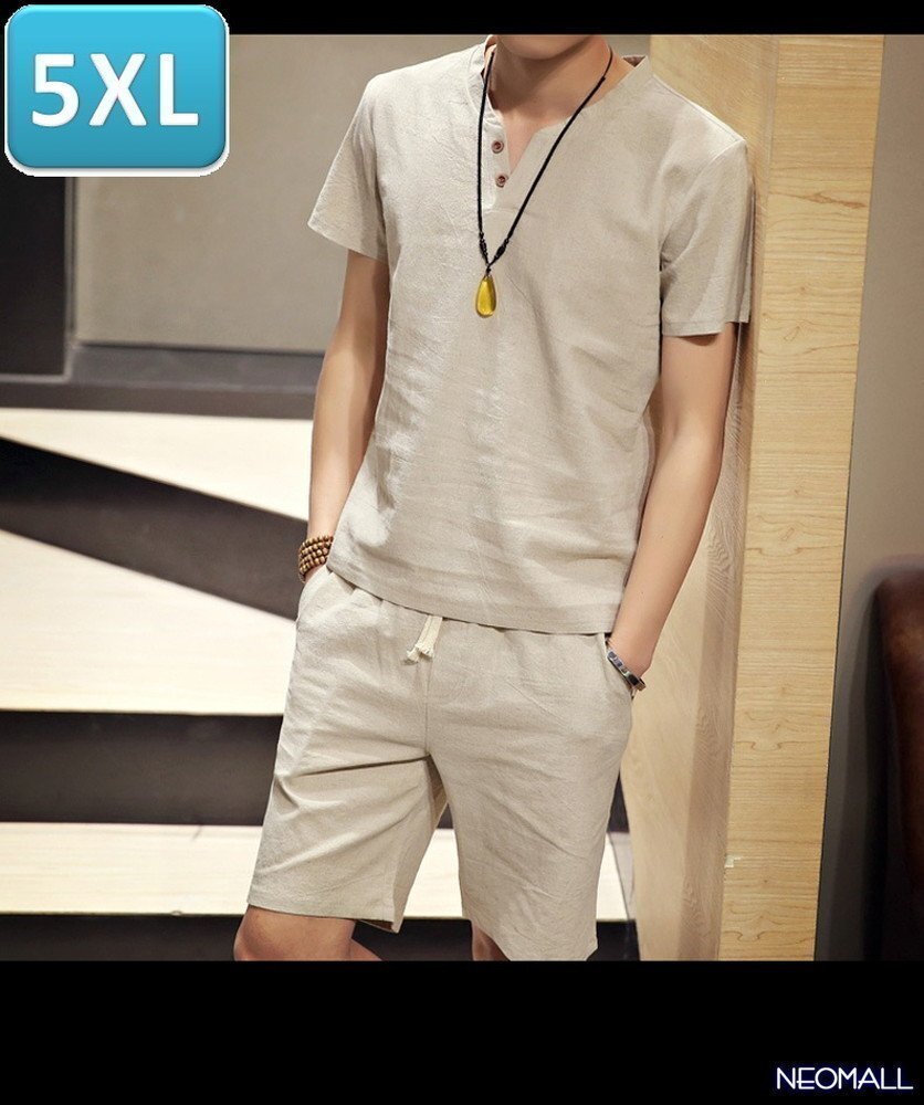 人気商品☆【276】 新品 サマーコットン ヘンリーネック セットアップ ベージュ 5XLサイズ 春 夏 部屋着 ルームウエア拍卖