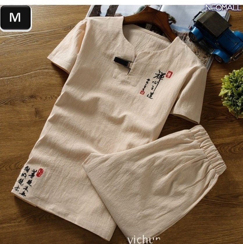 夏にピッタリ!☆【299】 新品 サマーコットン ヘンリーネック セットアップ ベージュ Mサイズ 春 夏 部屋着 ルームウエア拍卖