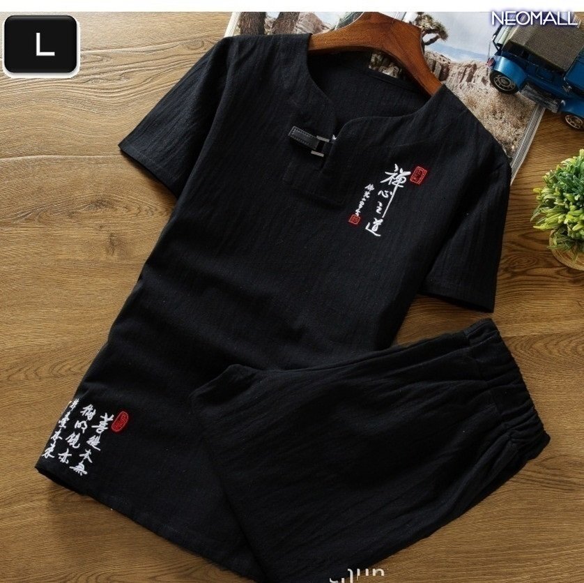 夏にピッタリ!☆【299】 新品 サマーコットン ヘンリーネック セットアップ ブラック Lサイズ 春 夏 部屋着 ルームウエア拍卖