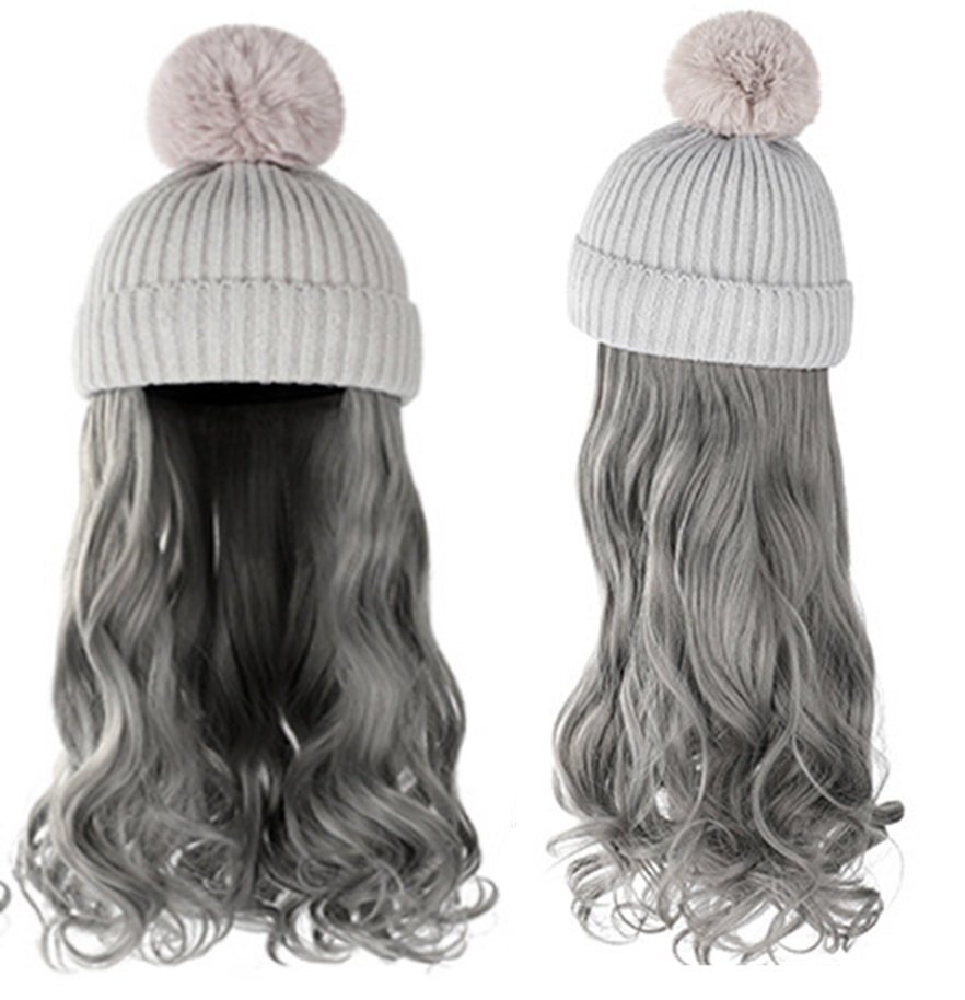 ウィッグ付きニット帽 ニット帽/グレー ウィッグカラー/F ロングヘアー カール イメチェン 髪色チェンジ コスプレ n467拍卖