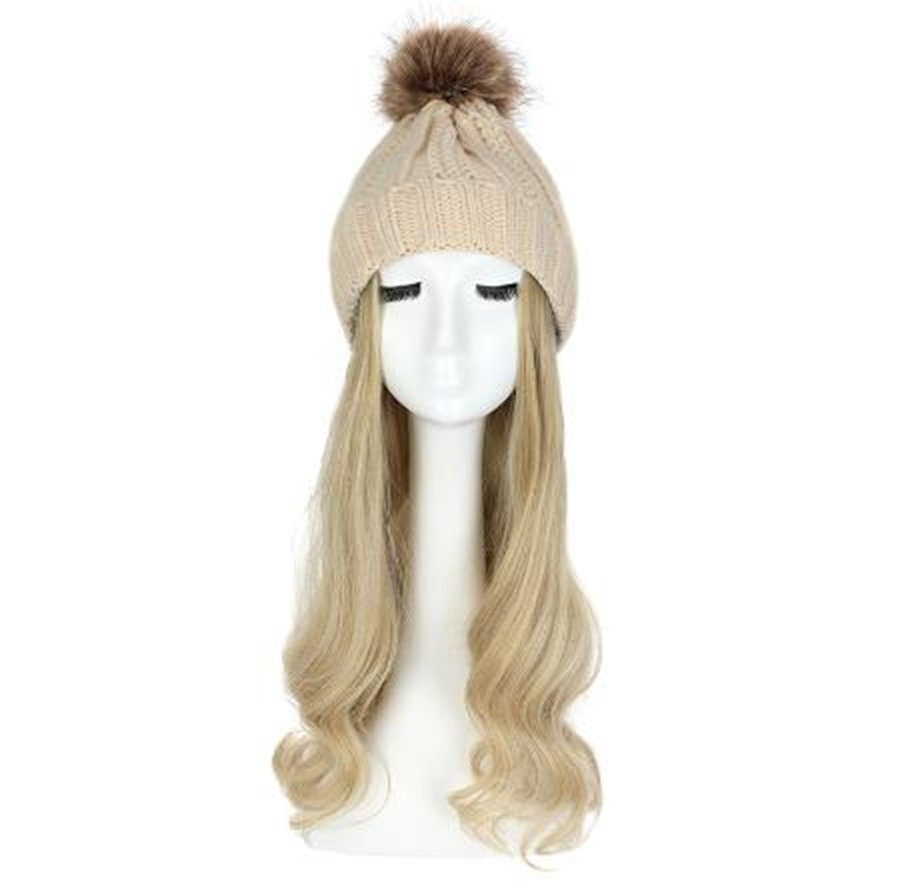 ウィッグ付きニット帽 ニット帽/ベージュ ウィッグカラー/M ロングヘアー イメチェン 髪色チェンジ コスプレ拍卖