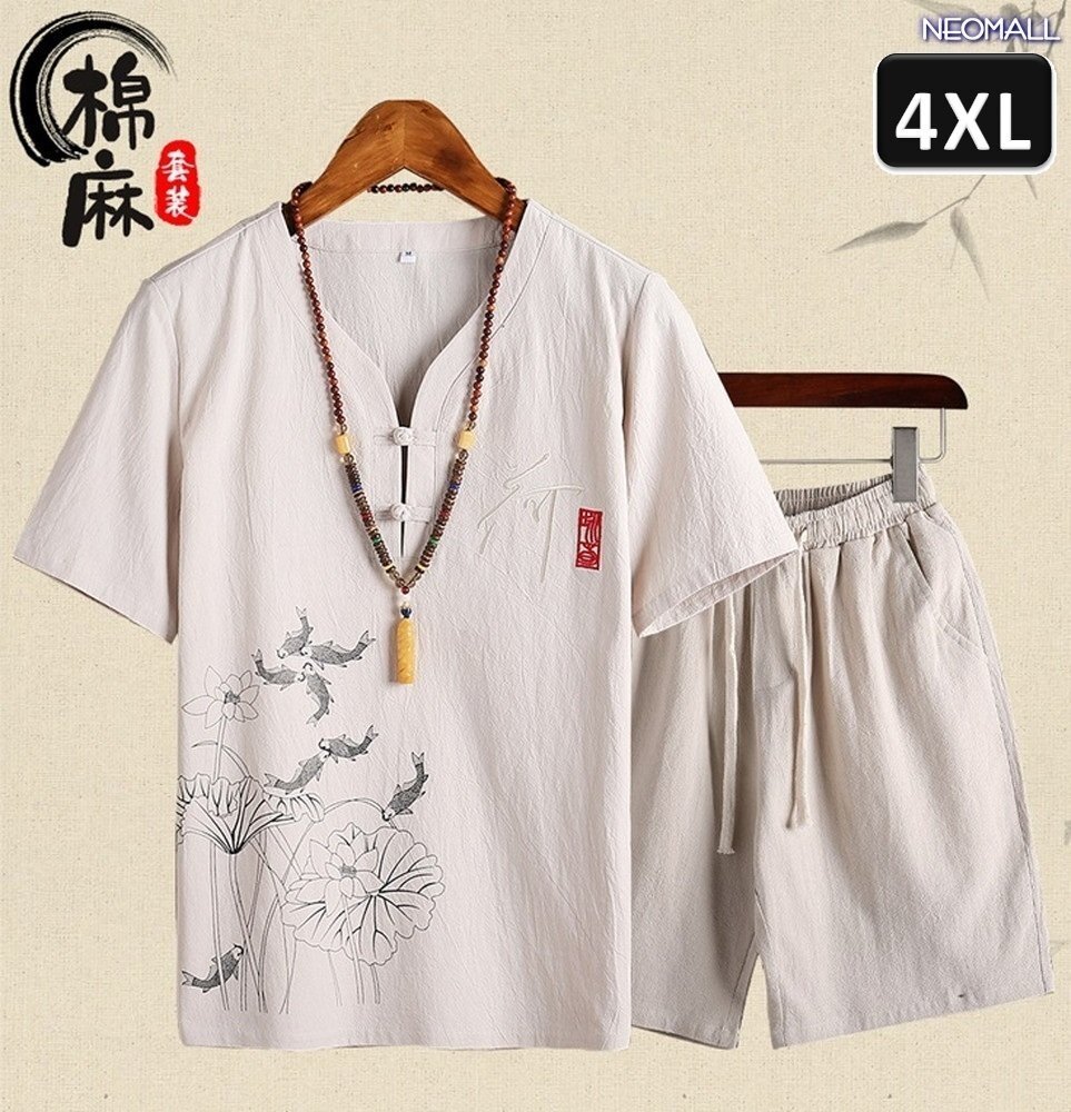 夏にピッタリ 【408】ルームウェア セットアップ ベージュ 4XLサイズ 半袖 パンツ メンズ 部屋着 メンズ オフ 清涼拍卖