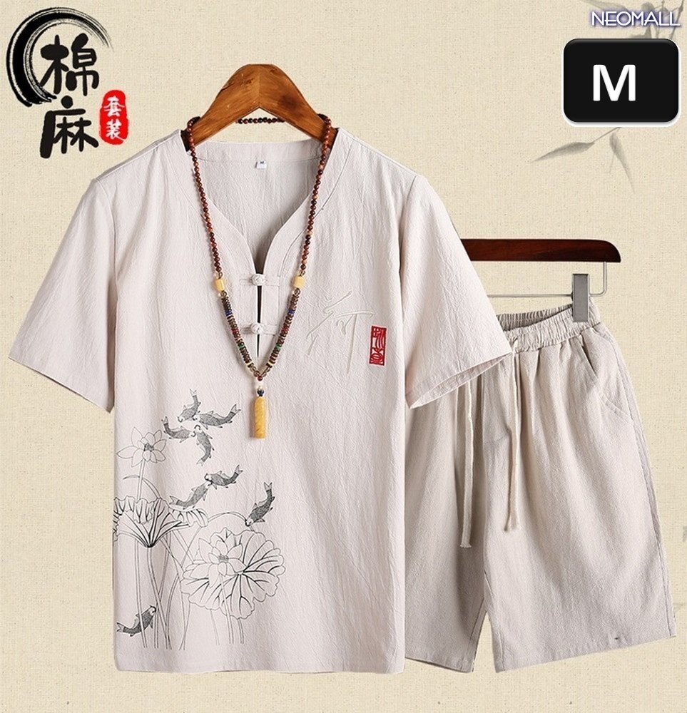 夏にピッタリ 【408】ルームウェア セットアップ ベージュ Mサイズ 半袖 パンツ メンズ 部屋着 メンズ オフ 清涼拍卖