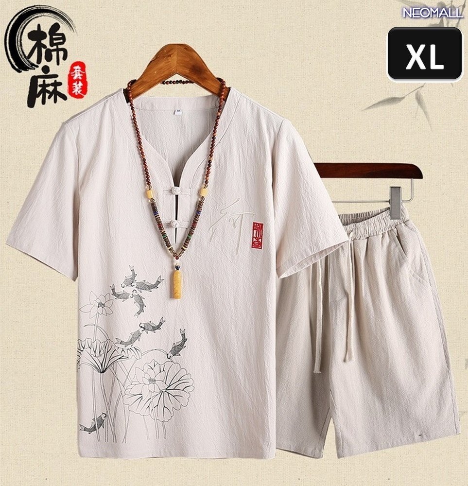 夏にピッタリ 【408】ルームウェア セットアップ ベージュ XLサイズ 半袖 パンツ メンズ 部屋着 メンズ オフ 清涼拍卖