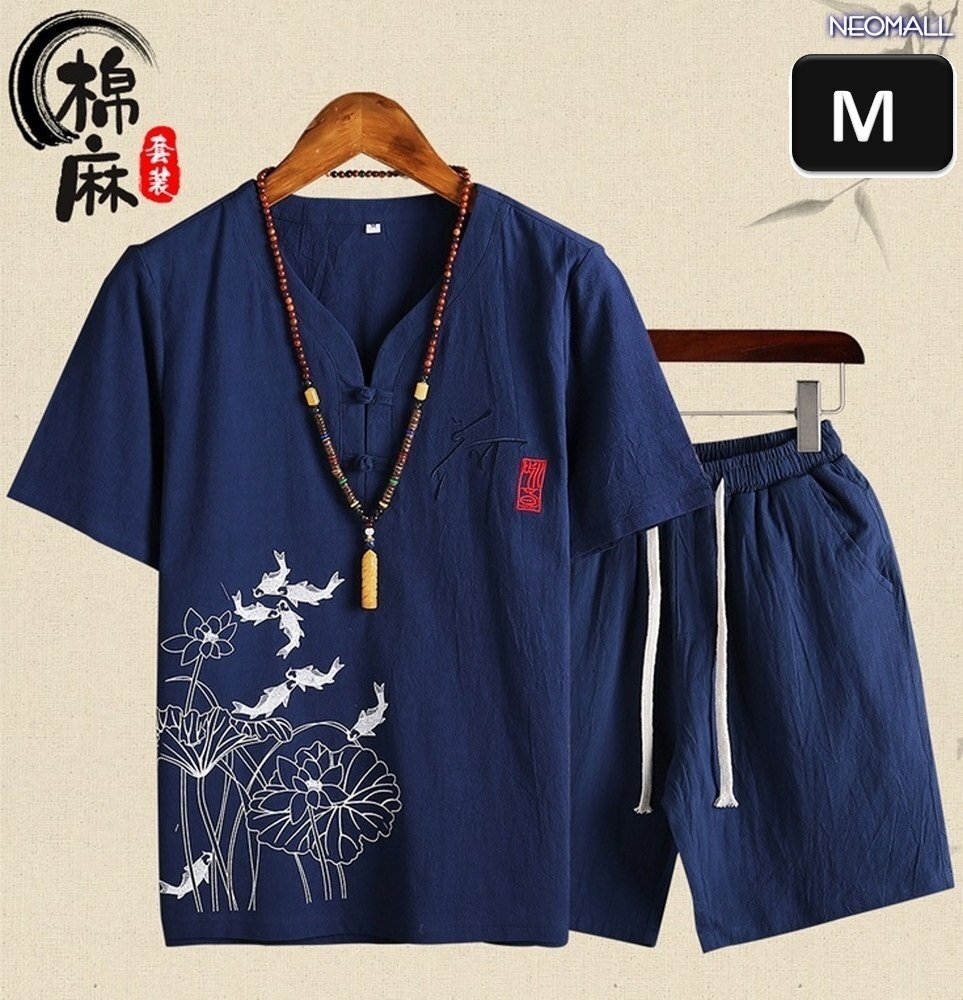 夏にピッタリ 【408】ルームウェア セットアップ ネイビー Mサイズ 半袖 パンツ メンズ 部屋着 メンズ オフ 清涼拍卖