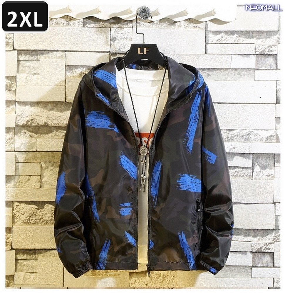 人気商品 【411】 ウィンドブレーカー フード付き ブルー 2XL メンズ ナイロン カモフラ 柄 アウトドア 防風 軽量 ジャケット拍卖