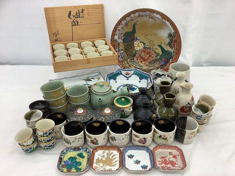 九谷焼 仙龍/陶栄他 陶器まとめ/酒器/ぐい呑み/飾り皿/十二支盃/湯呑/鉢/花鳥図/青粒 キズ等有/ACB 中古品拍卖