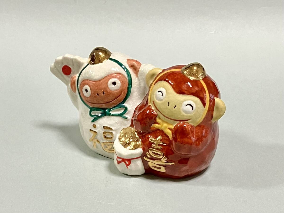 ★陶器 三番叟 さる/申 貯金箱「彩」在銘 H8cm W14cm D7.5cm:縁起・正月・インテリア・ディスプレイ拍卖