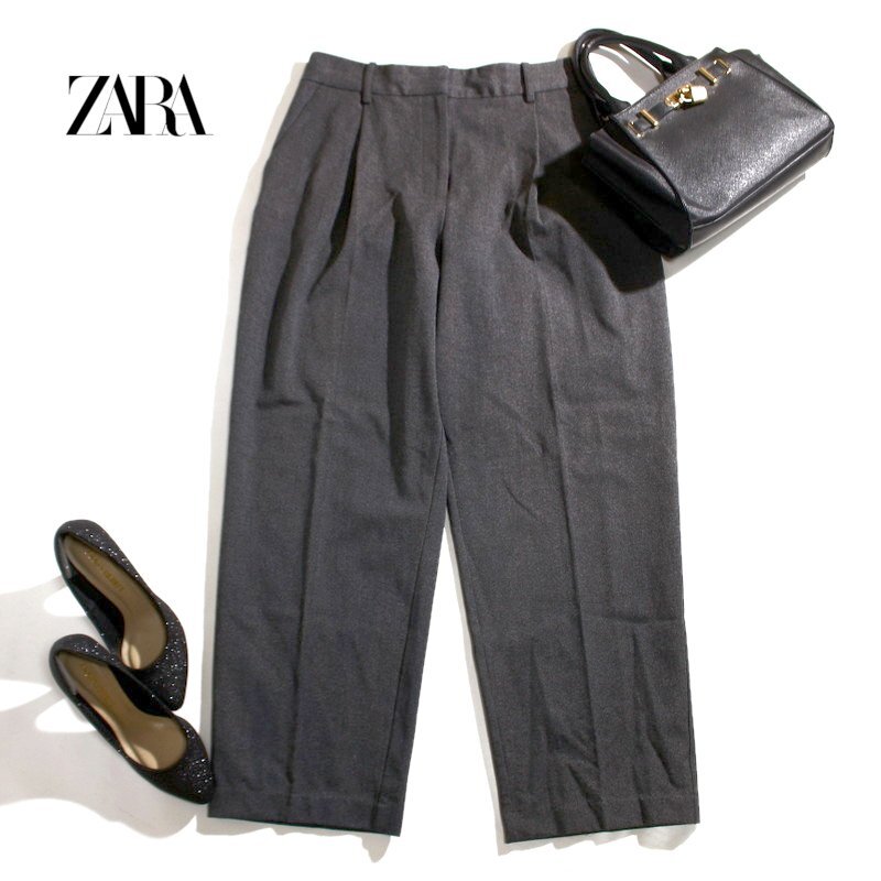 ZARA ザラ 秋 冬 タック ワイドパンツ テーパードパンツ グレー オフィスカジュアル カジュアル 綺麗め パンツ M グレー ハイウエスト拍卖