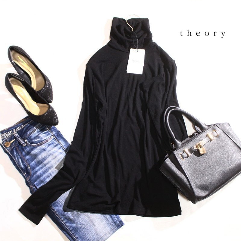 新品 未使用 セオリー Theory シンプル インナー 長袖 ハイネックカットソー S ブラック 黒 無地 シンプル 日本製 レーヨン ポリウレタン拍卖