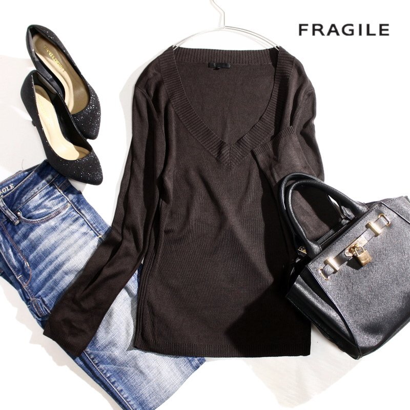 美品 FRAGILE フラジール 秋 冬 シルク87% Vネック リブニット セーター ブラウン 茶色 38 Mサイズ ニット オフィス 通勤 シンプル ミセス拍卖