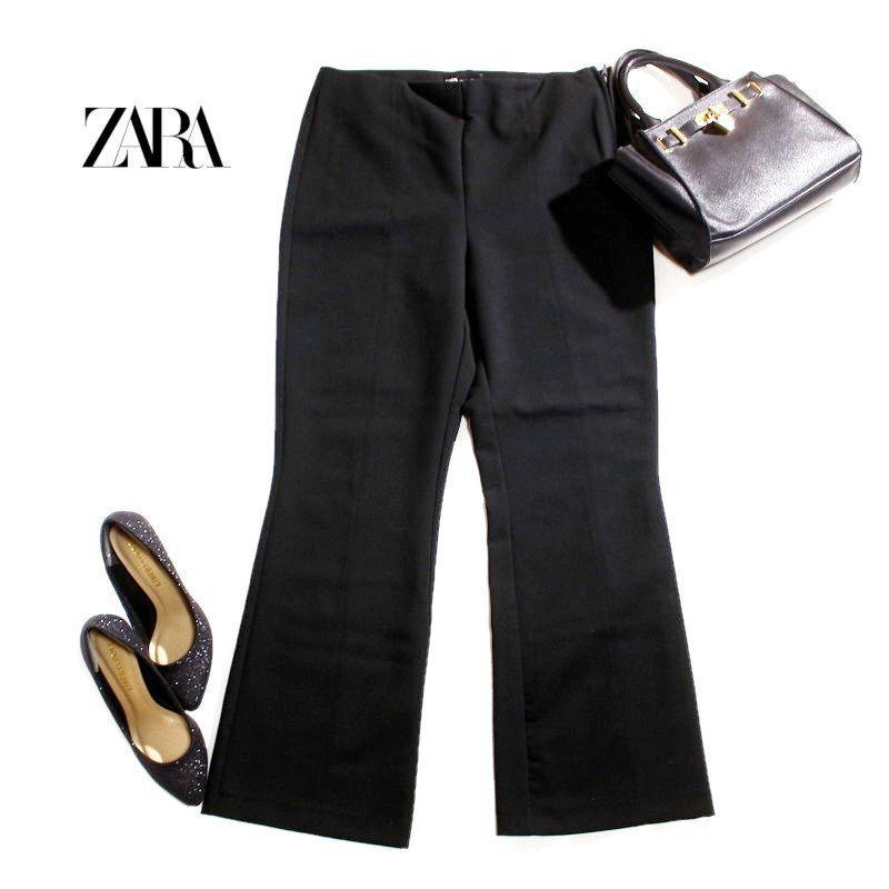 美品 ZARA ザラ 通年 美脚 ストレッチ ハリ ジャージ― フレアパンツ L 黒 ブラック フォーマル オフィス 通勤 スラックス サイドジッパー拍卖